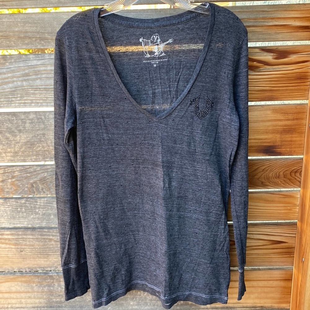 True Religion Gray Long Sleeve Tee with black stud detail - Meduim